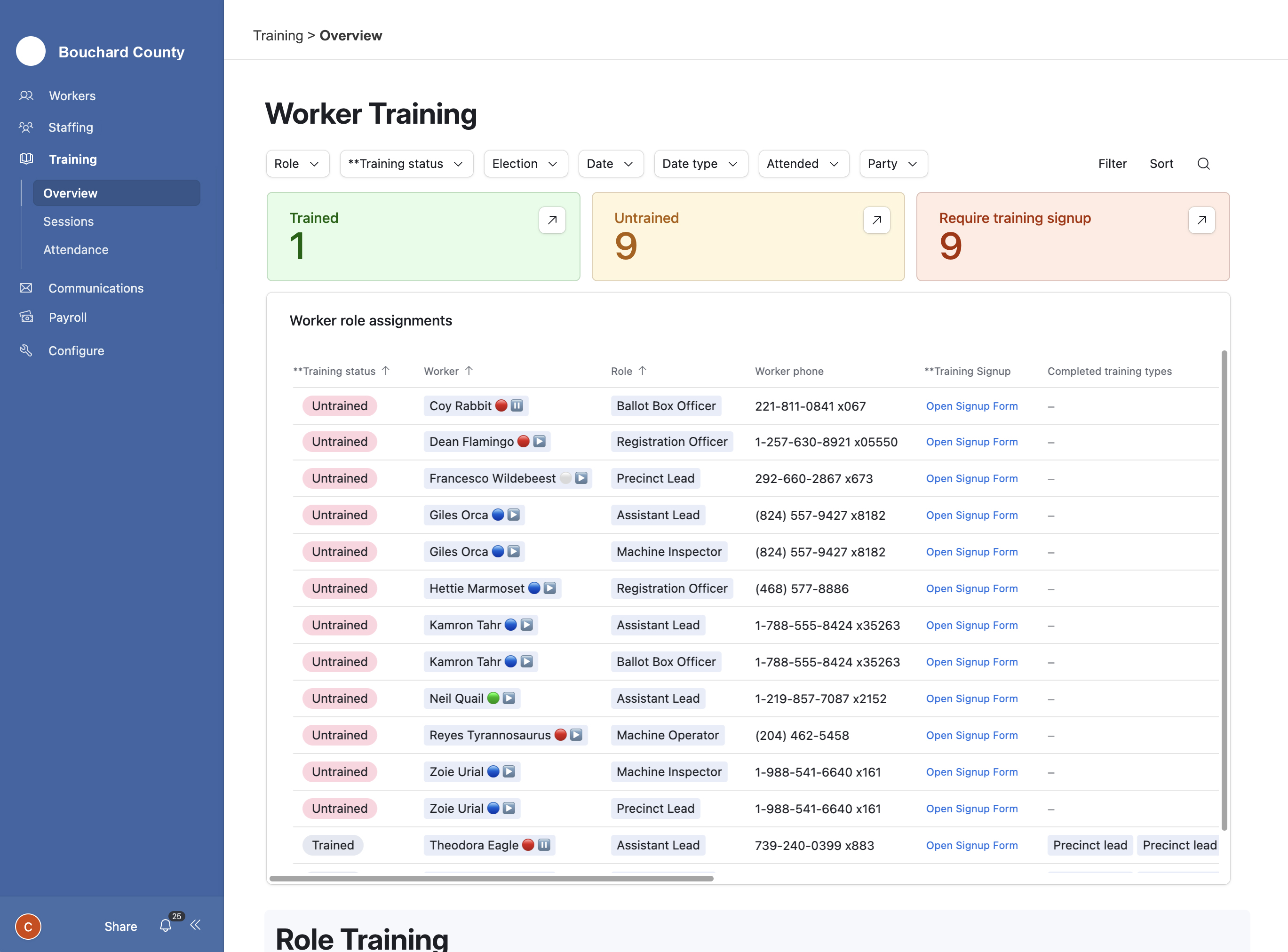 Screenshot of the USDR election worker management software. The interface provides an easy way to schedule workers for early voting.
