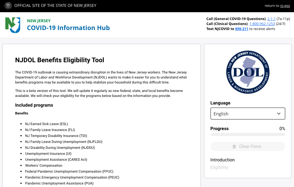Screenshot of the live benefits eligibility tool