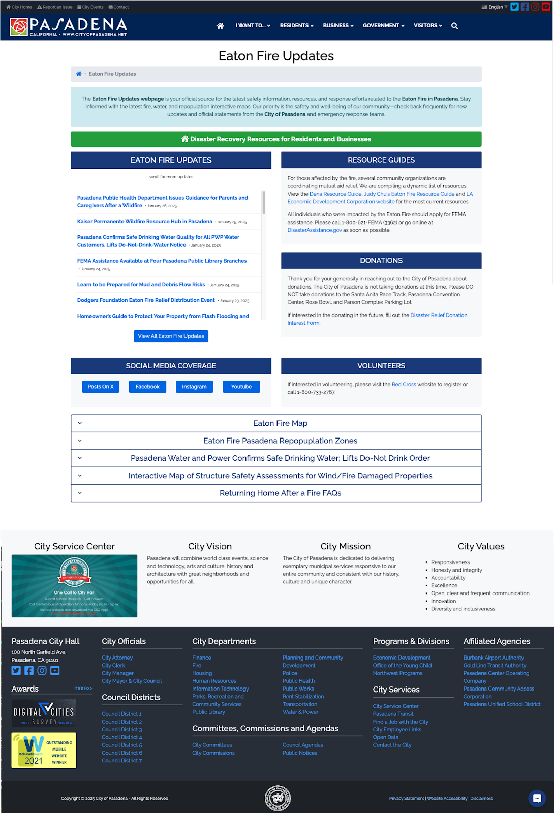 Original Pasadena Eaton Fire Updates website, with multiple text boxes with resources, updates, donations, social media, and volunteer information.