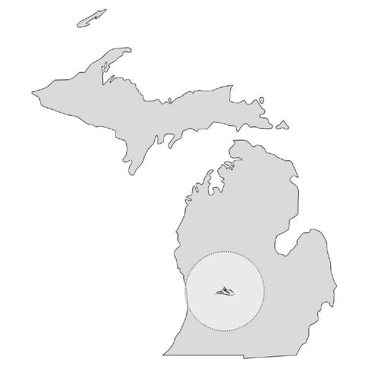 Map of Michigan showing the Lower and Upper Peninsulas in gray with a mountain icon centered in the southern part of the Lower Peninsula.