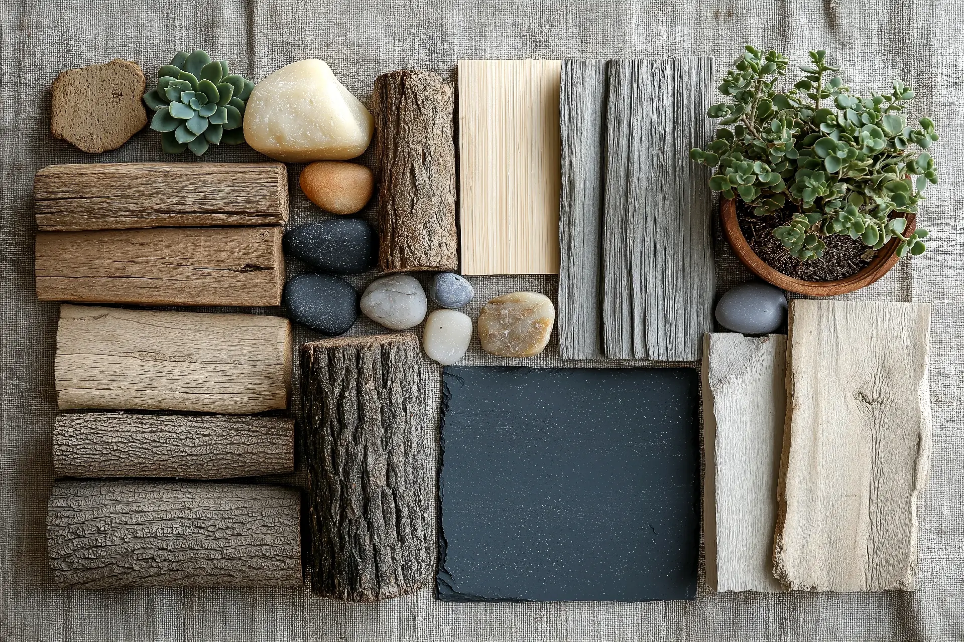 An engaging shot of various eco-friendly building materials elegantly arranged on a textured linen backdrop.