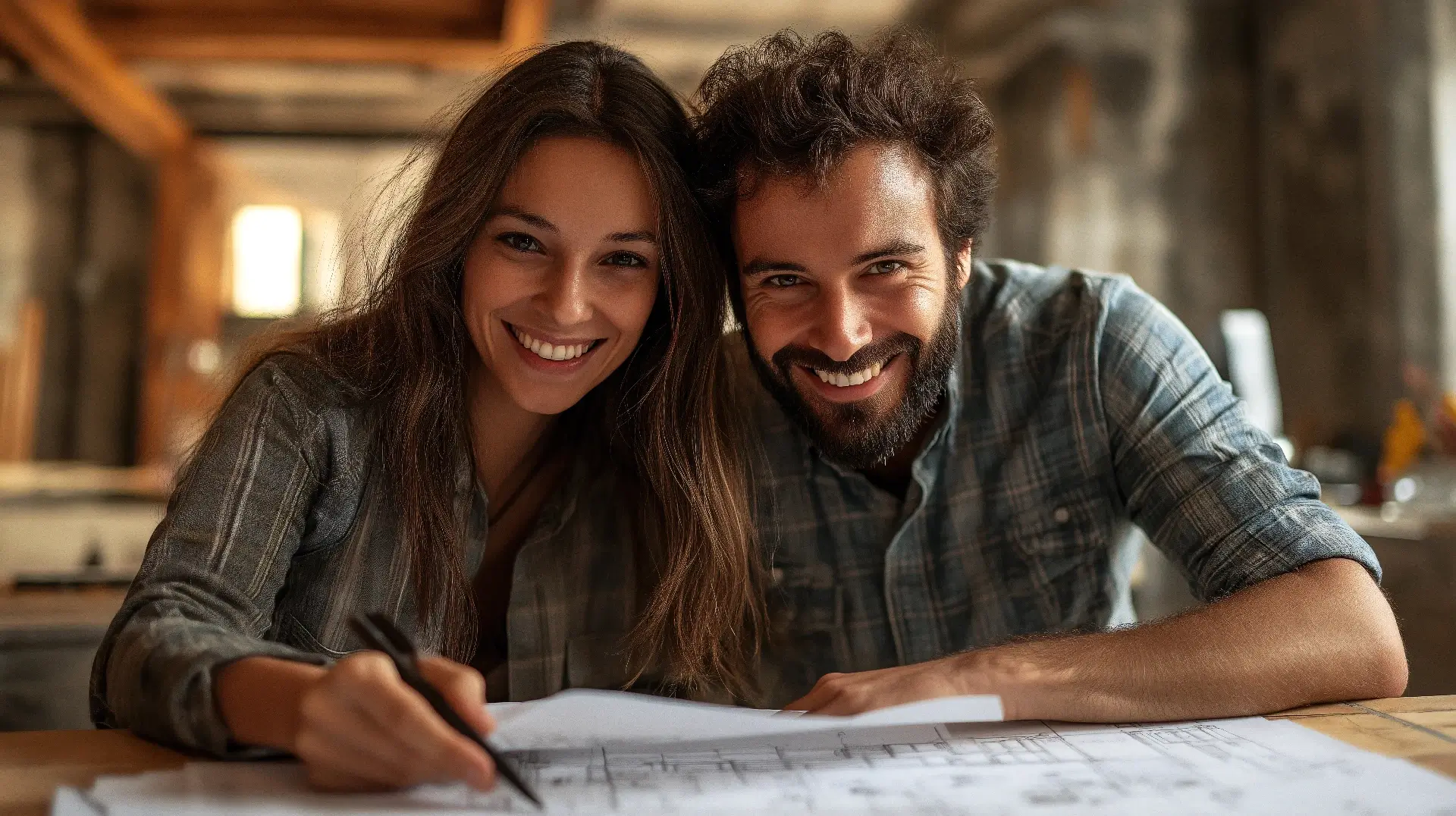 Two happy clients reviewing blueprints
