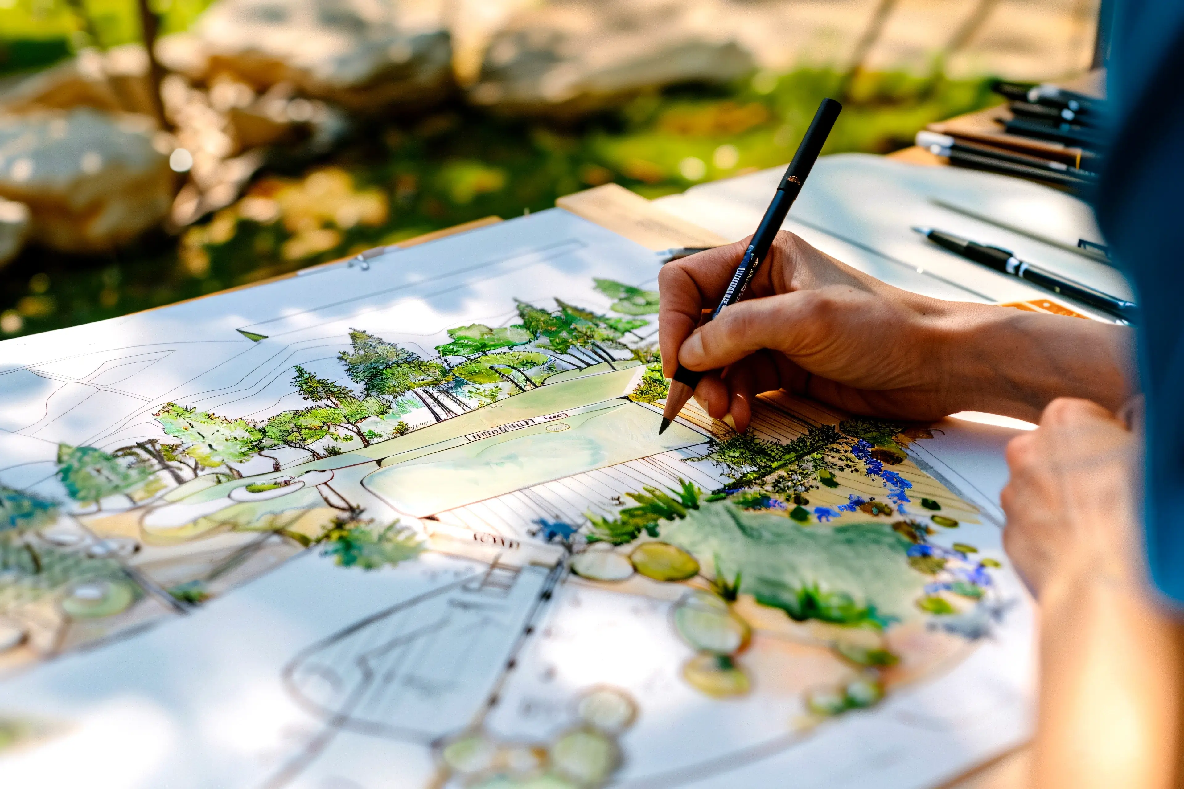 Designer working on landscape blueprint