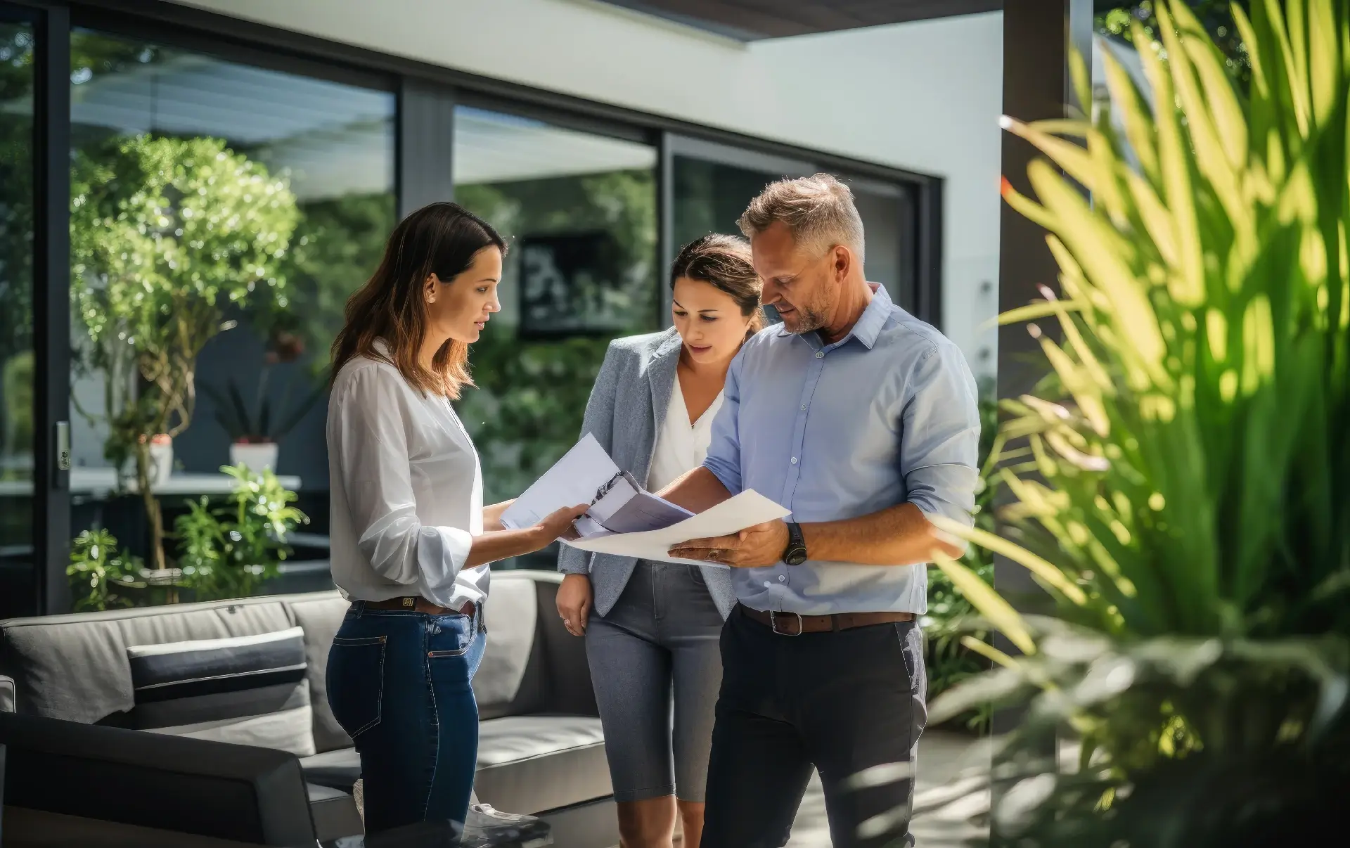 Real estate agent discussing property details with prospective buyers