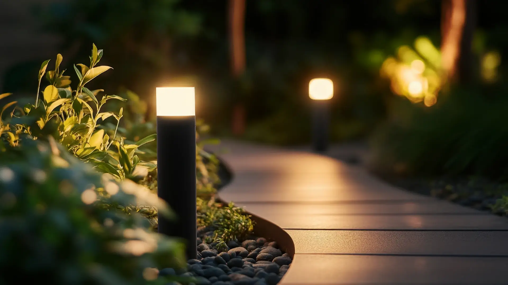 Modern outdoor lighting design for backyard landscape. High quality photo