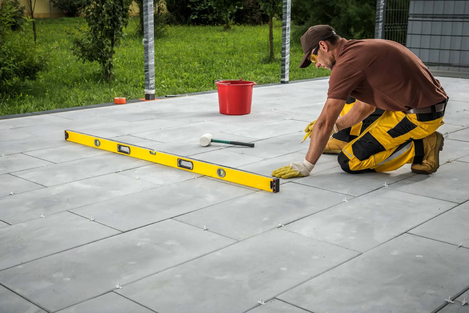 Construction Worker Building Modern Patio Concrete Tiles Floor in a Residential Backyard.
