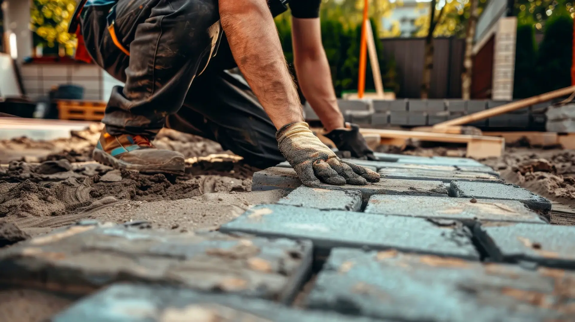 A man constructing a patio in the backyard, placing concrete pavers to establish a solid foundation for outdoor living.