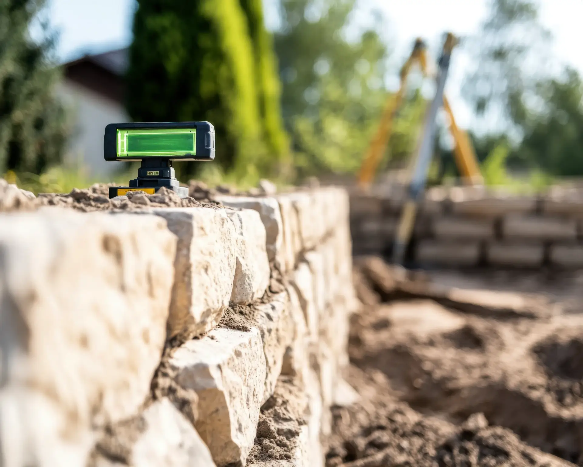 A portable level tool on stone wall in outdoor renovation scene, showcasing rugged landscape with construction equipment in background