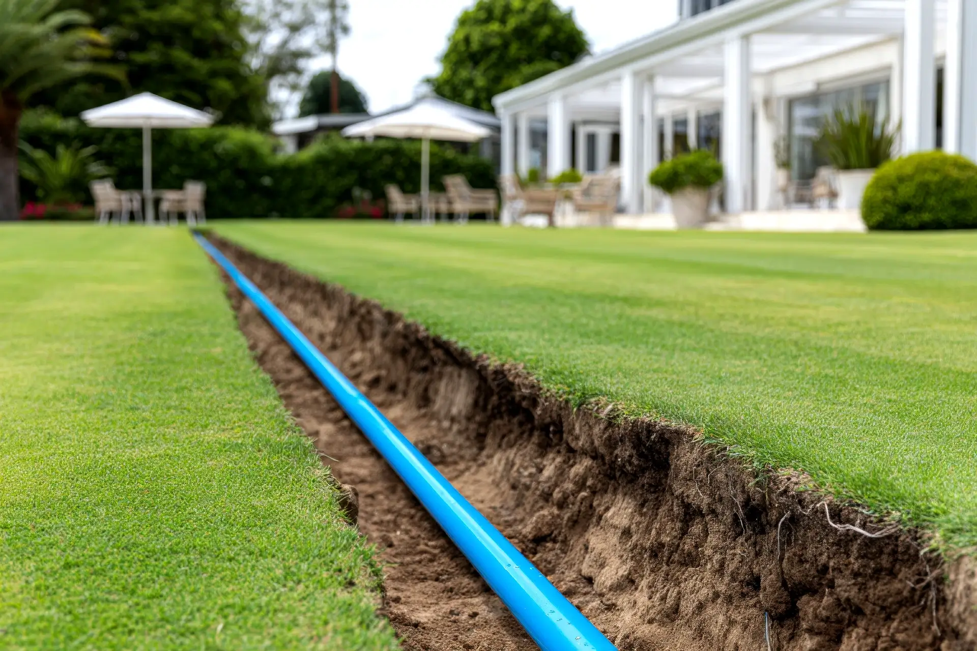 Close-up of a deep trench interrupting a healthy green yard, blue pipe neatly placed inside