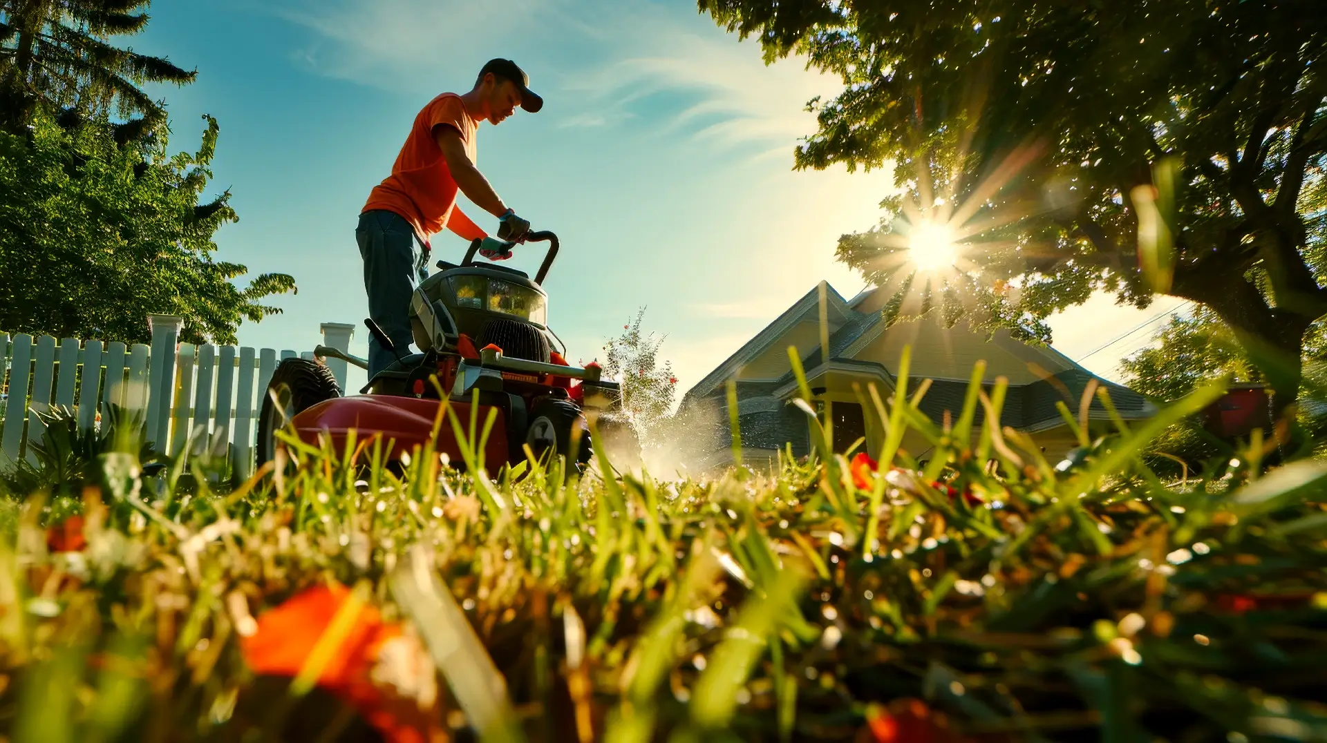 A person mows a lawn in the early morning sunlight, creating a perfect blend of work and nature under a clear blue sky.