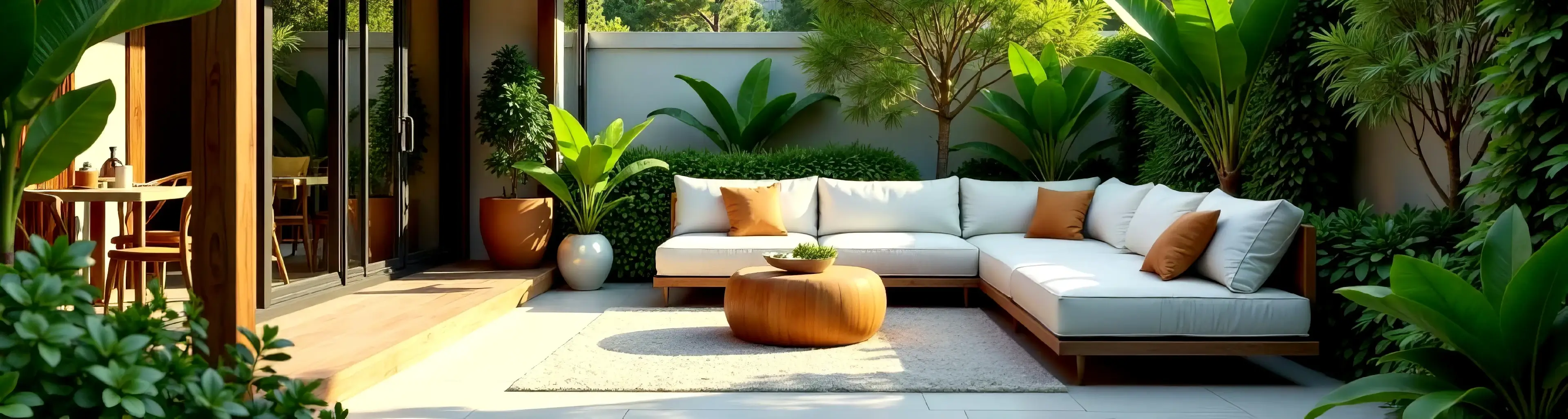 Beautiful l shaped couch with orange ottoman in outdoor oasis