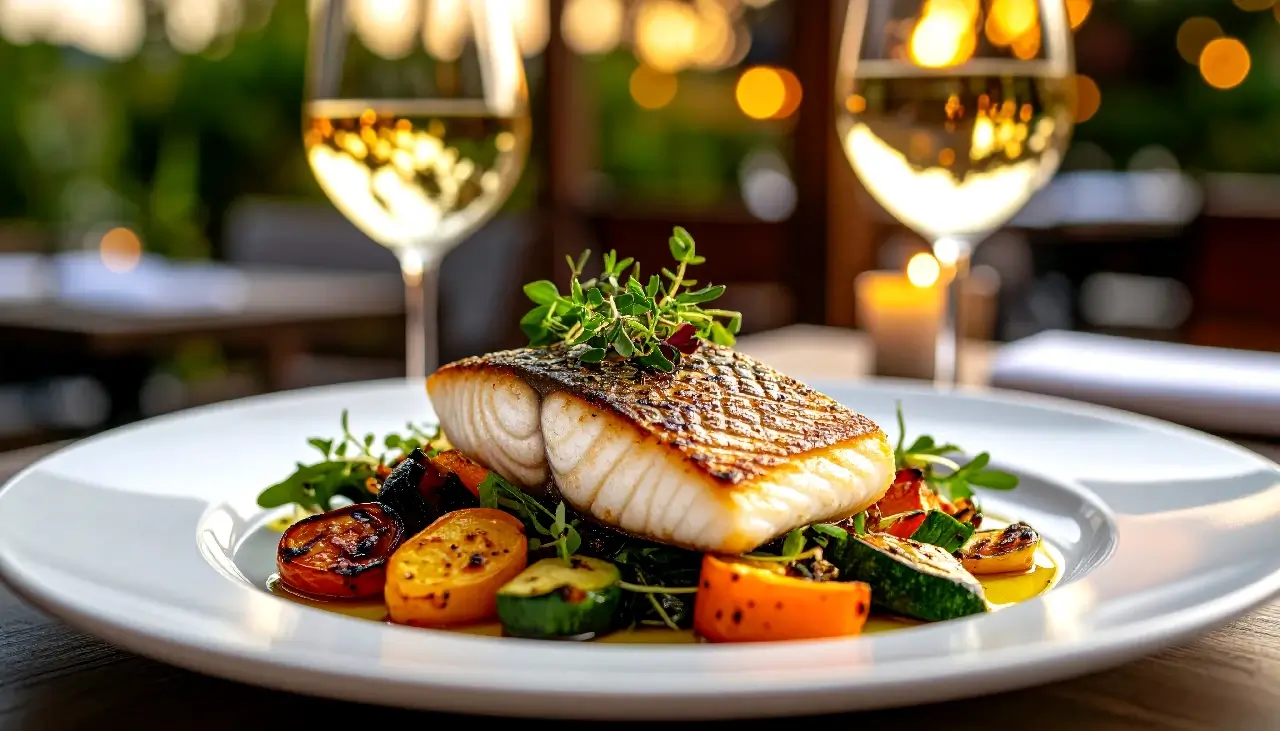 Piece of salmon on a bed of tomatoes next to two glasses of white wine