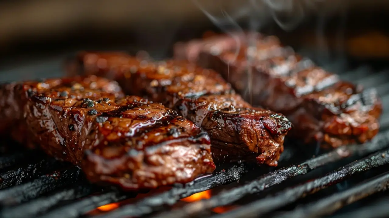 Juicy pieces of steak are sizzling on a charcoal grill, releasing steam and delicious aromas