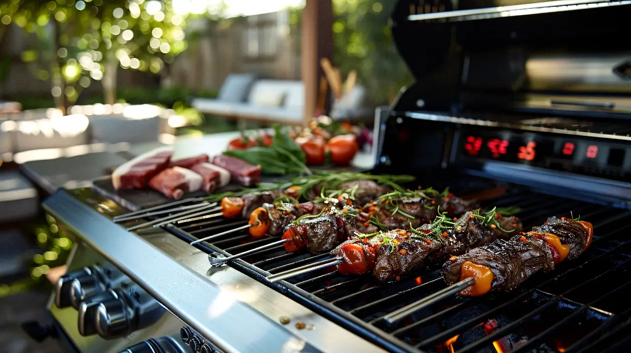 Mixed vegetables and meet skewers on a grill