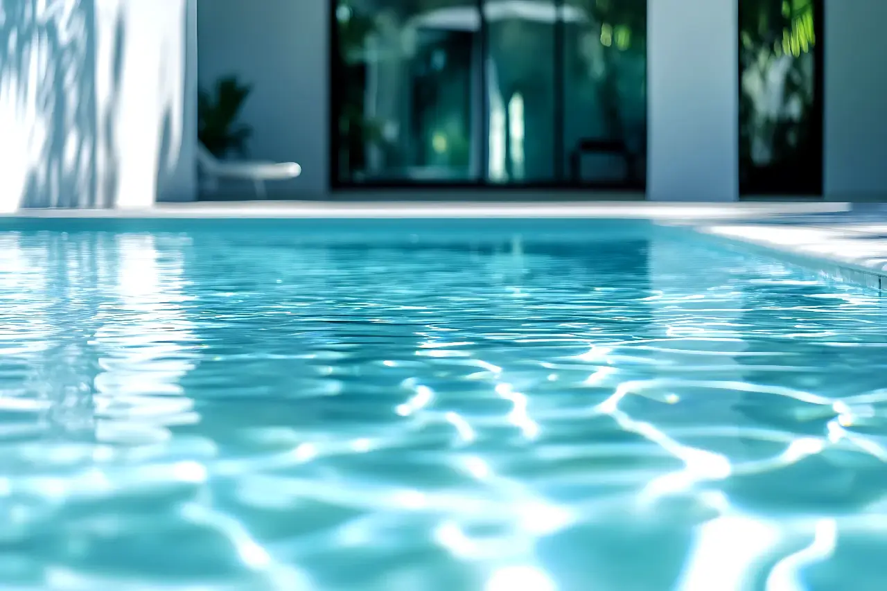 Closeup of a sparkling blue swimming pool with modern house in the background