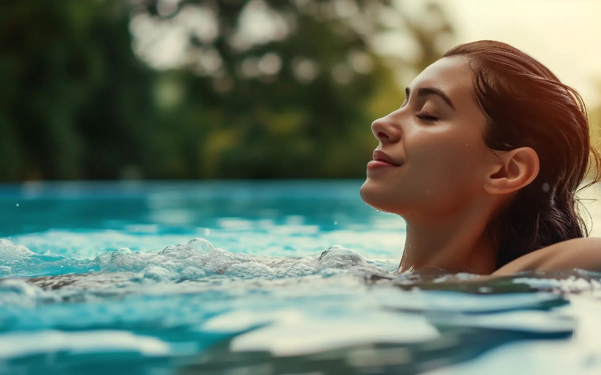 Happy woman relaxing in pool with eyes closed