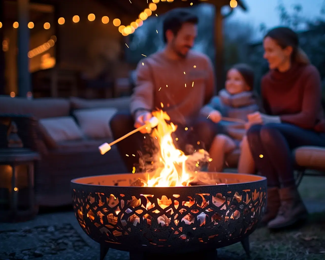 Young family enjoying roasting marshmallows on a raised firepit