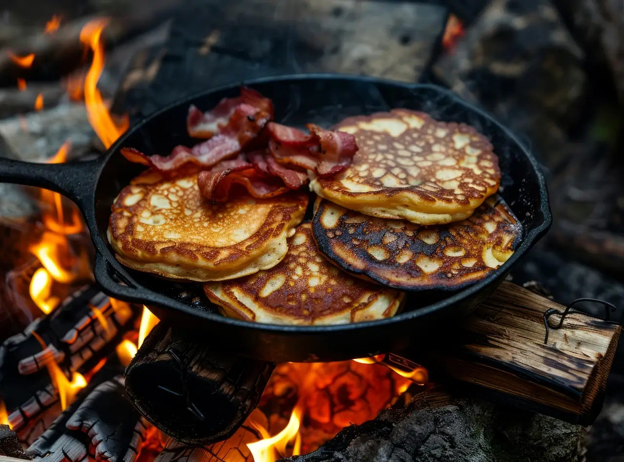 Bacon and pancakes in a cast iron skillet on top of open flames on fire