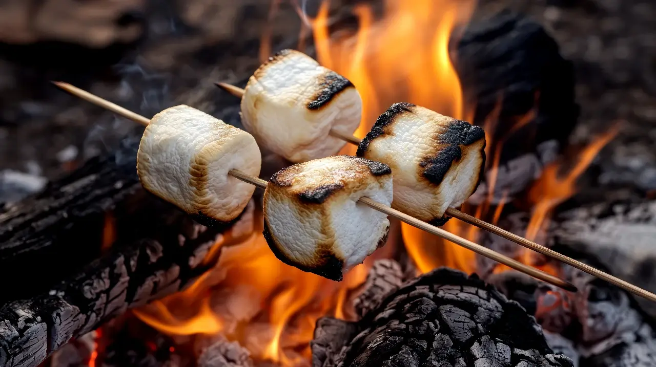 Two sets of marshmallows roasting on a fire