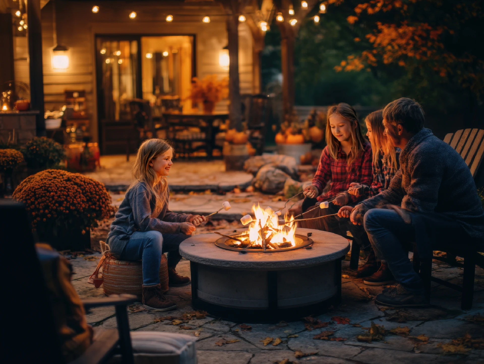 A family roasting marshmallows around a backyard fire pit, telling stories and enjoying the warmth, cozy and autumnal atmosphere.
