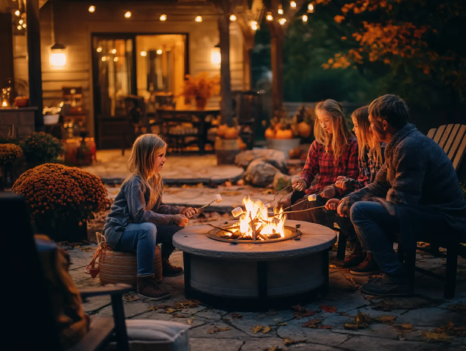 A family roasting marshmallows around a backyard fire pit, telling stories and enjoying the warmth, cozy and autumnal atmosphere.