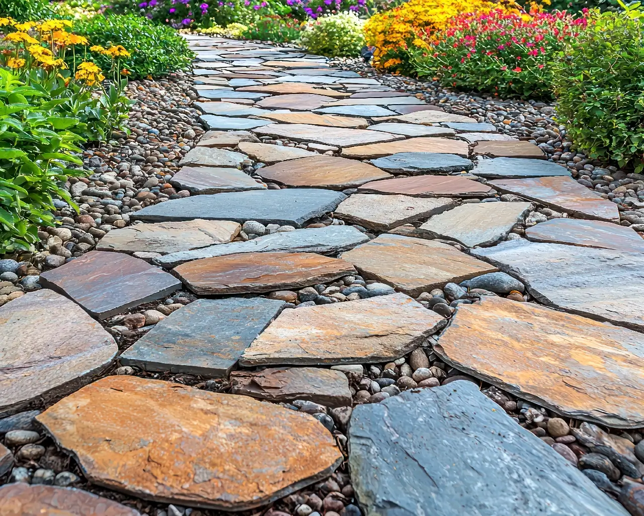 A colorful stone pathway meanders through a vibrant garden