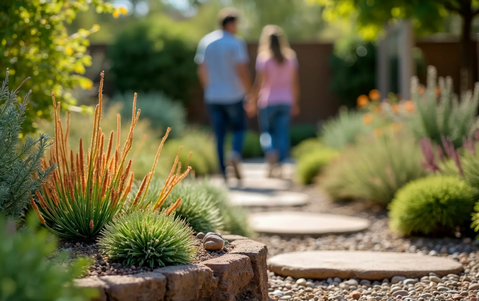 Xeriscape garden drought-resistant succulents flowering plants. Sustainable landscaping design promotes water conservation with arid-climate vegetation.