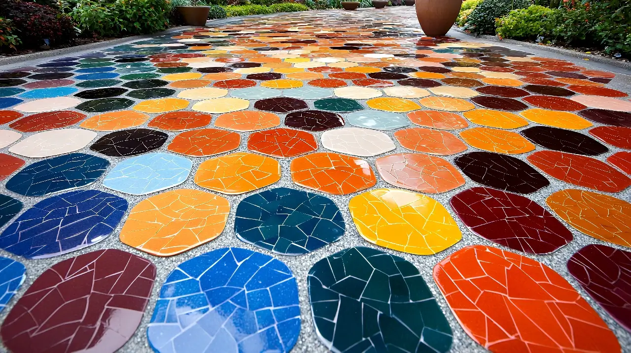 A vibrant mosaic pathway winds through a lush garden, adorned with decorative pottery, perfect for home decor or garden projects.