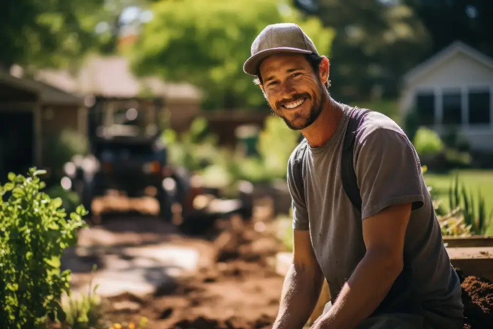 Man smiling at camera as he trims bushes