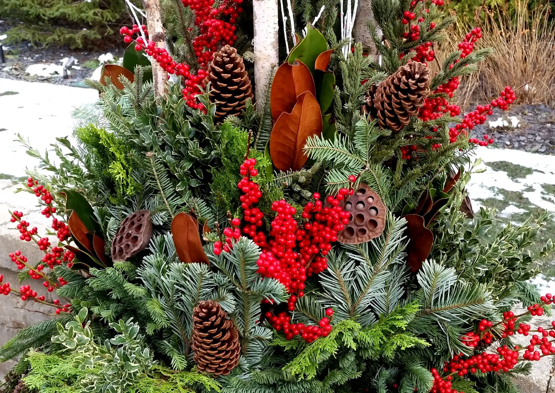 Red flowers in metal container