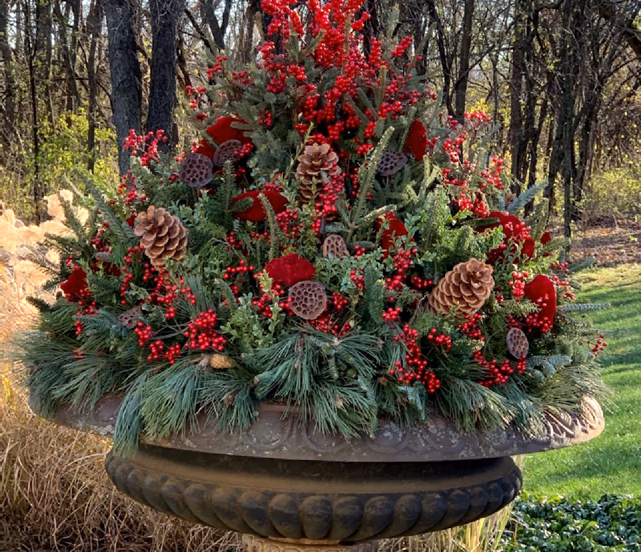 Red flowers in metal container