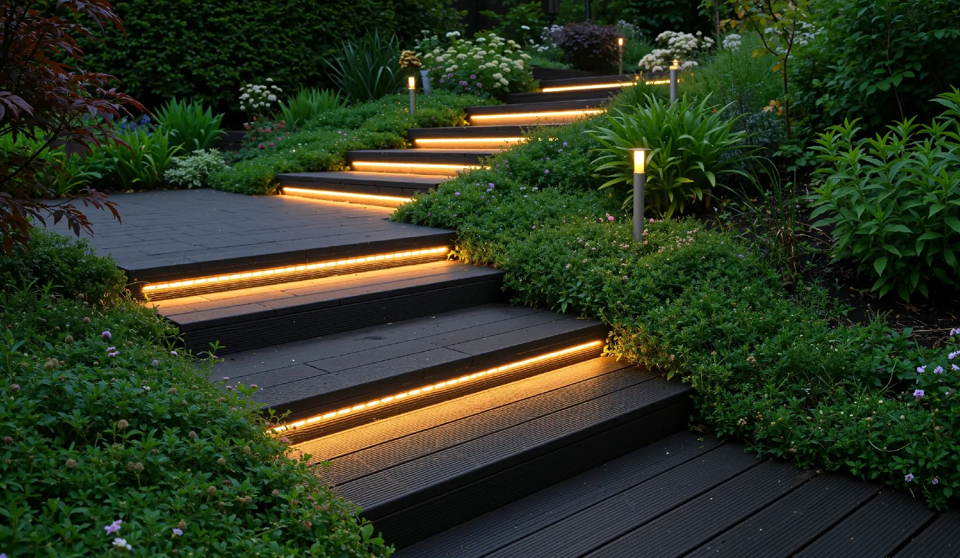 Under stone strip lighting on staircase pathway