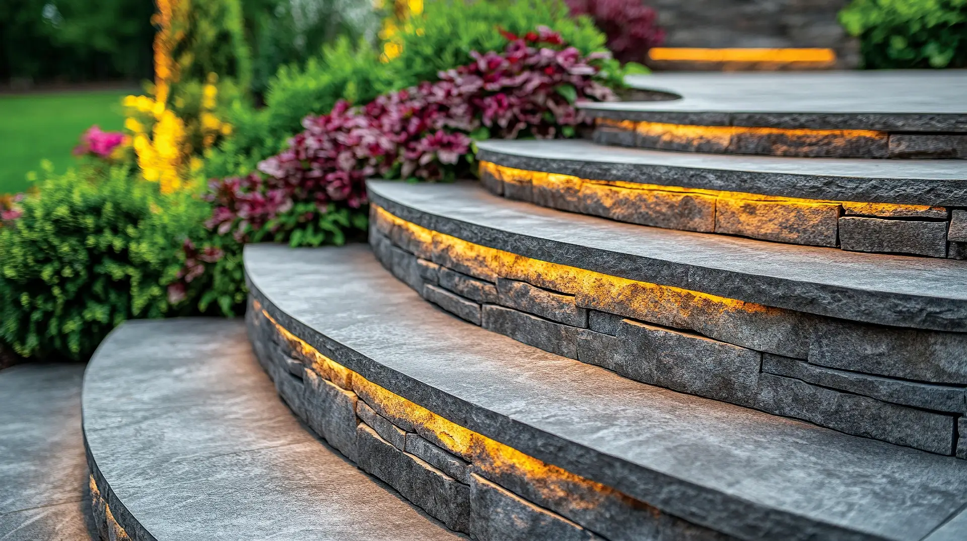 Illuminated curved garden steps at dusk, landscaped backyard