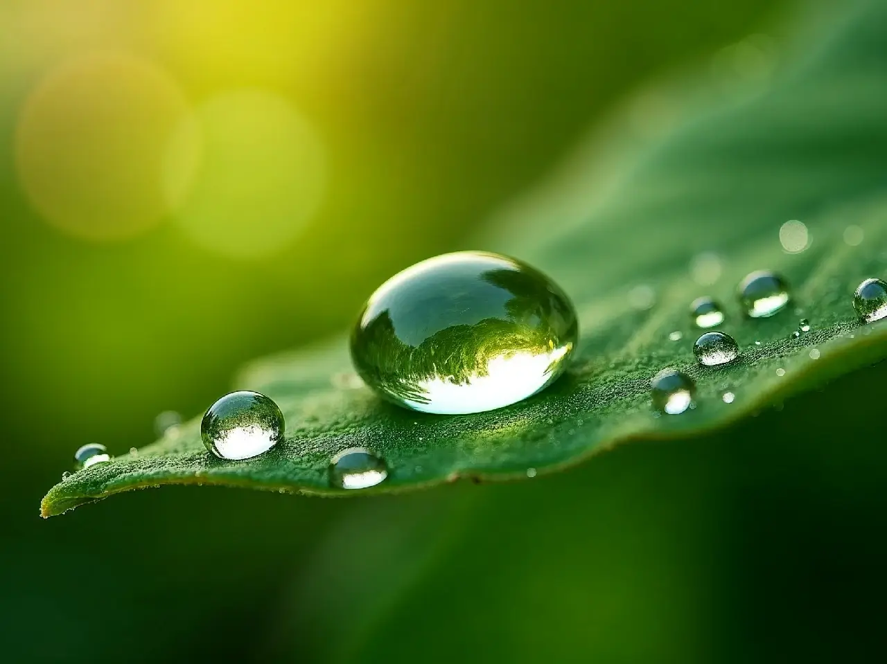 Close-up of water droplets on a green leaf with soft sunlight.