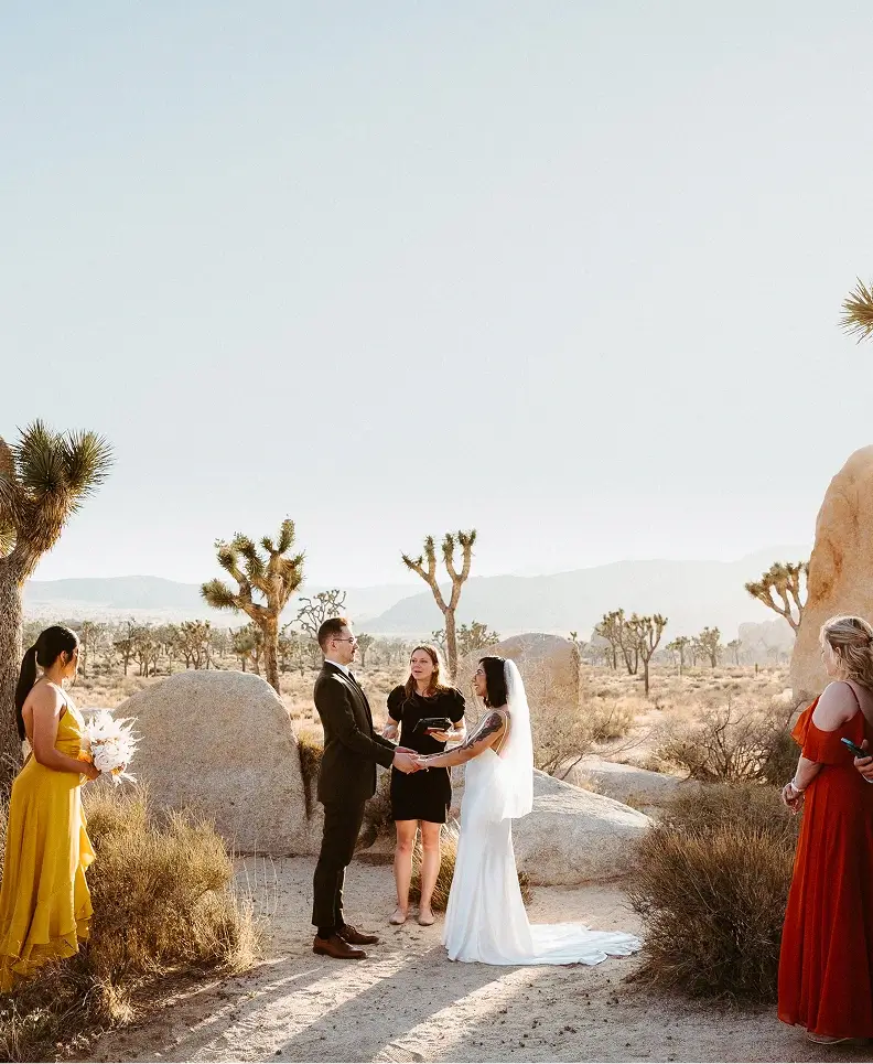 A photo of the couple in front of the officiant on a wedding ceremony in the desert