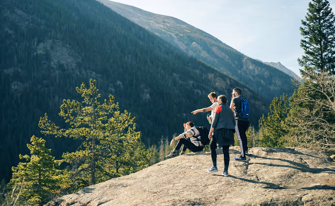 Group of four hikers standing on a ridgeline, pointing toward the landscape below.