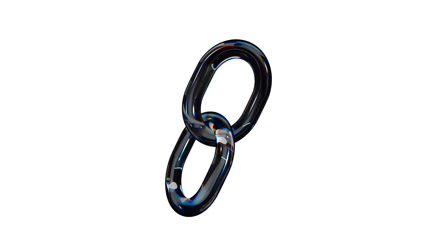 Two transparent glass links interlocked against a white and black background.