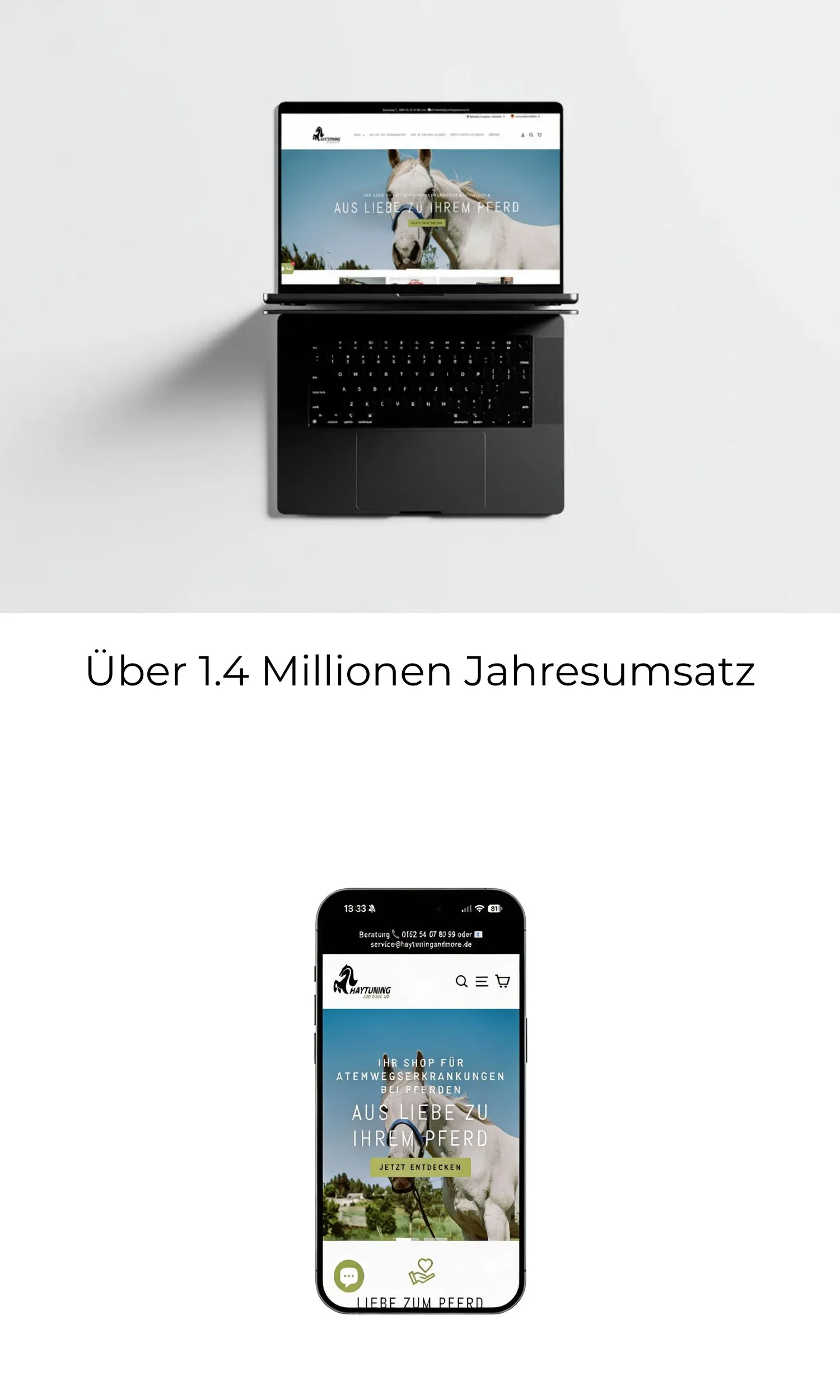 Laptop and smartphone displaying a website about horse respiratory health products with a white horse image and German text.