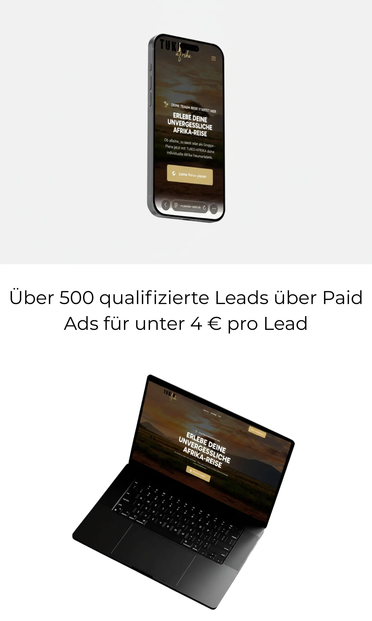 Smartphone and laptop showing a travel website with text about experiencing an unforgettable Africa trip and a call-to-action button.
