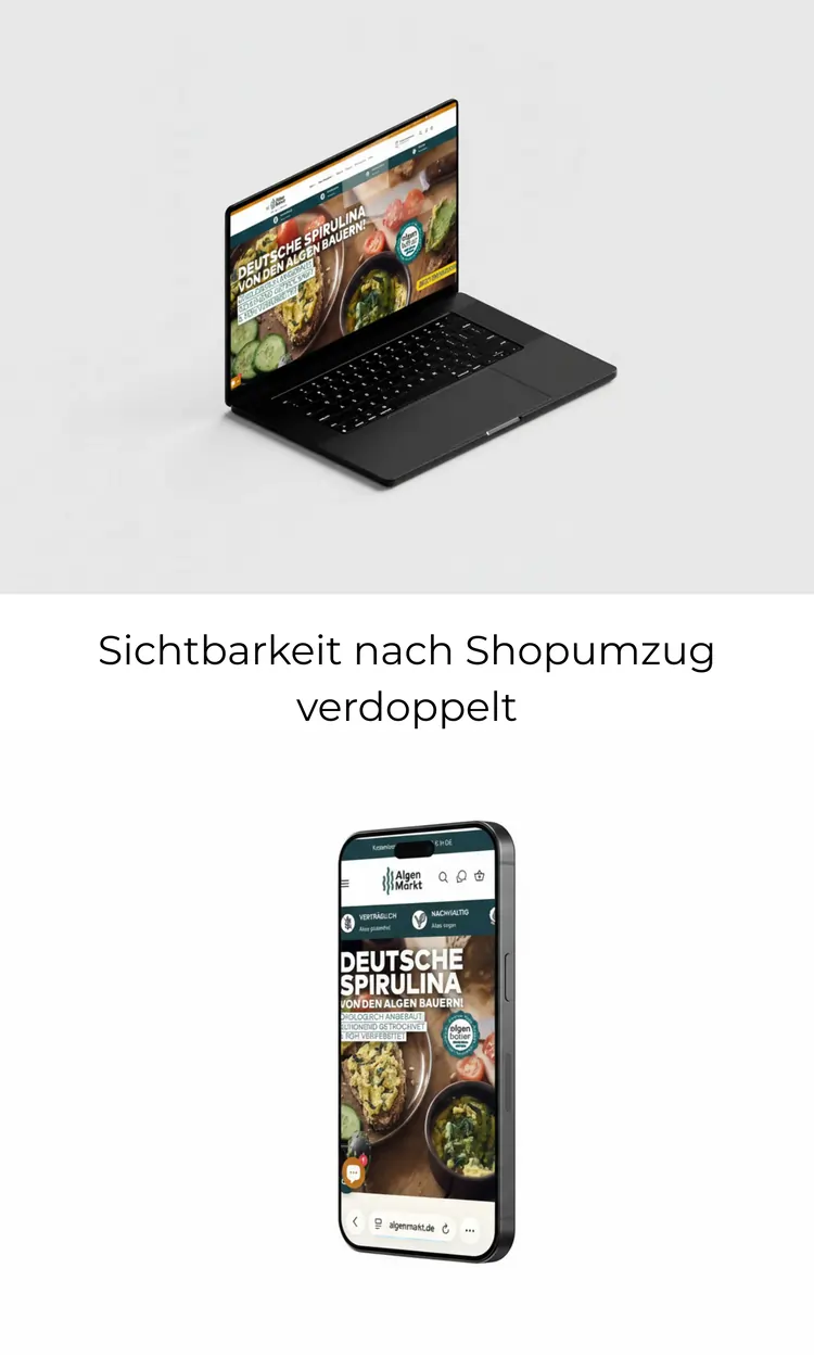 Laptop and smartphone displaying the Algen Markt website featuring German spirulina products with food images.