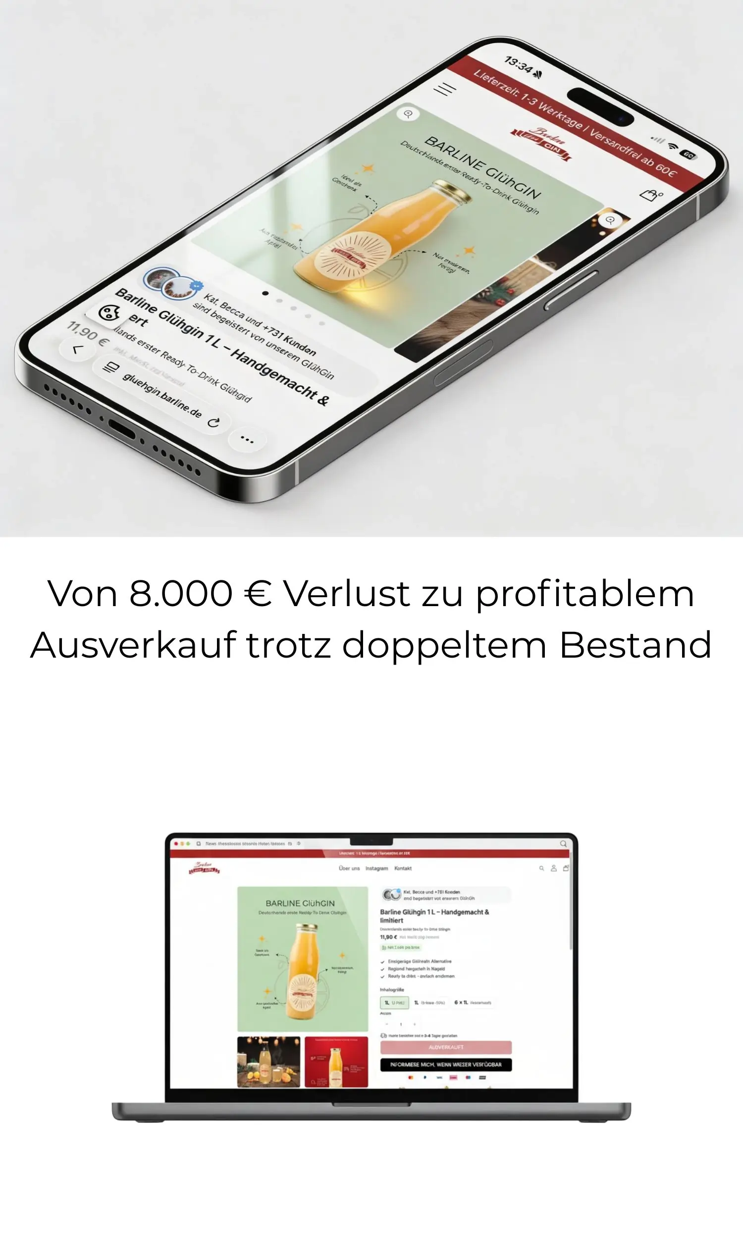 Smartphone and laptop showing an online product page for BARLINE GlühGIN, a bottled ready-to-drink mulled gin beverage, with German text about sales success.