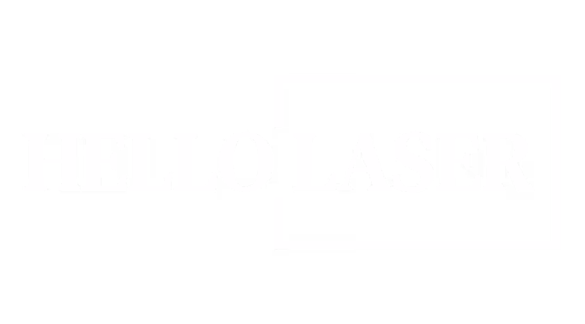 White text 'HELLO LASER' with LASER enclosed in a rectangular outline on a black background.
