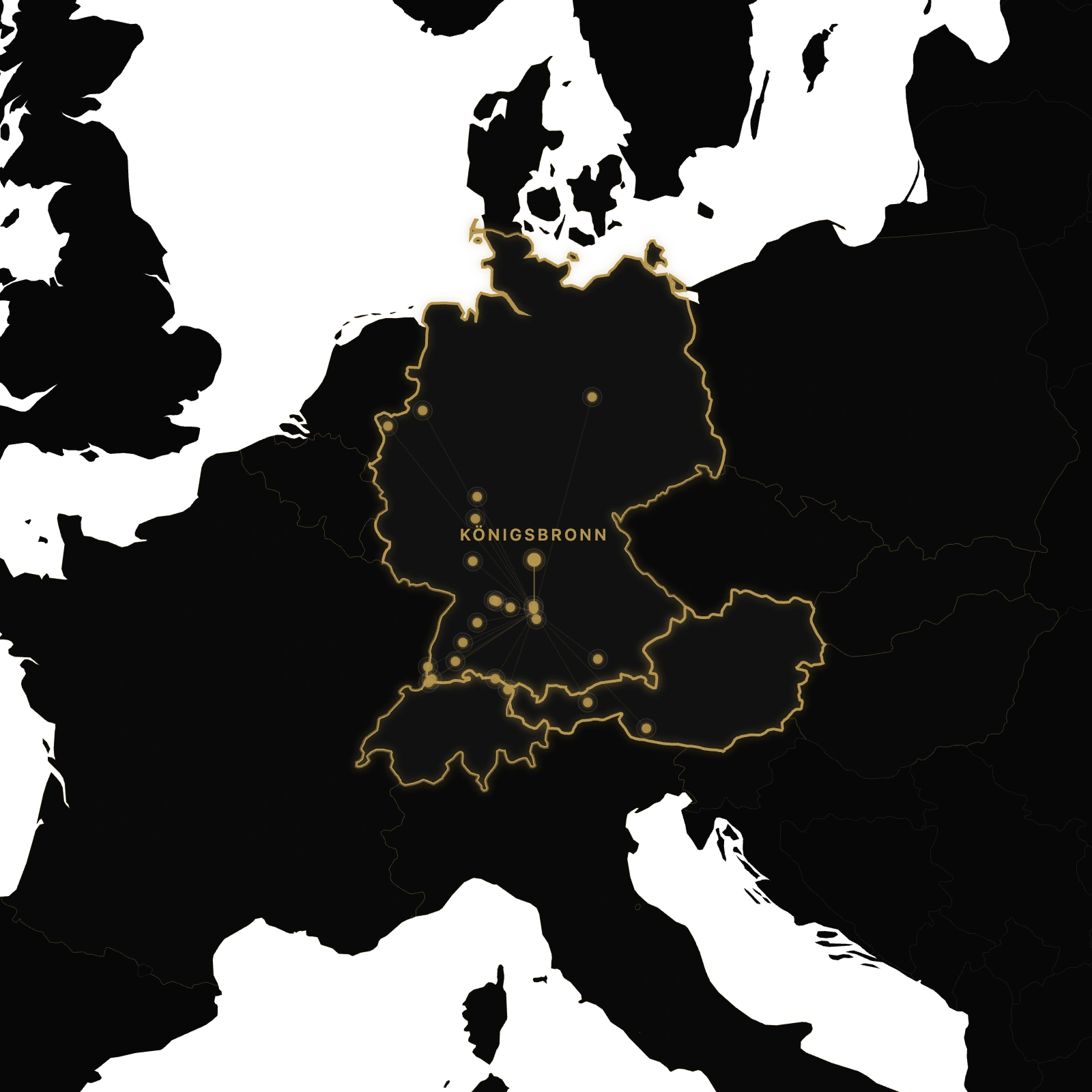 Map highlighting Germany, Switzerland, Austria, and Liechtenstein with Königsbronn marked centrally in Germany and connected to multiple surrounding points.