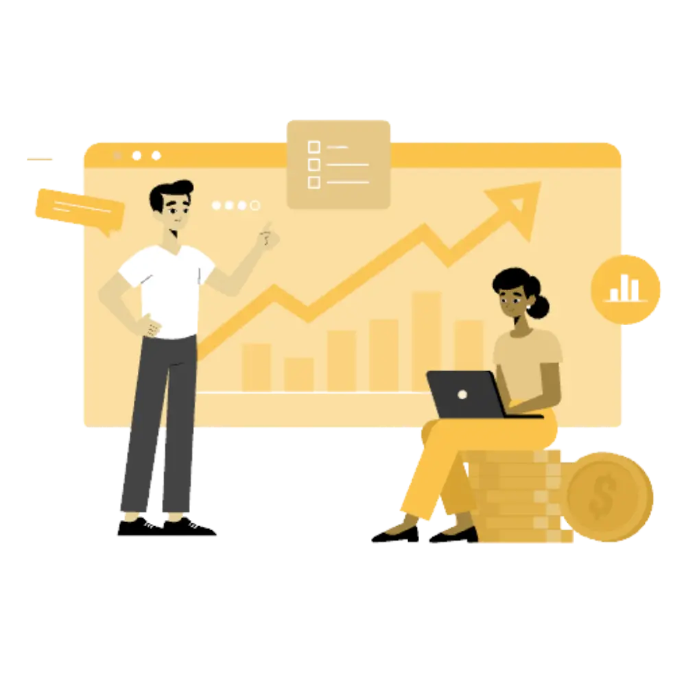 Illustration of a man standing and pointing at an upward trending graph on a large screen, while a woman sits on stacked coins working on a laptop.