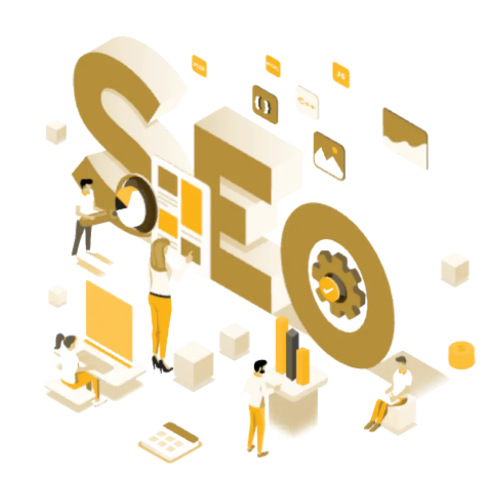 Illustration of four people working around large 3D letters spelling SEO with icons for analytics, settings, and content.