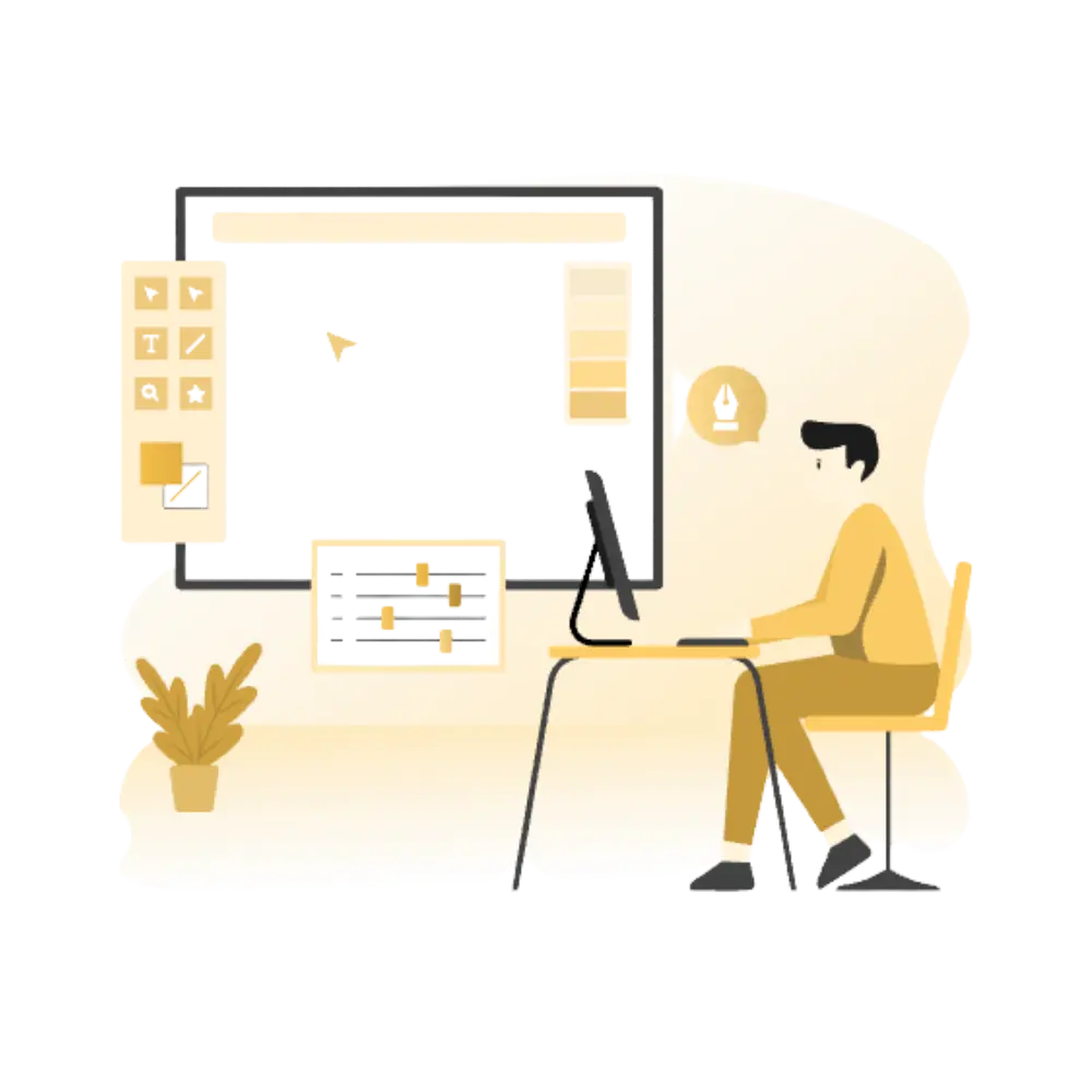 Illustration of a person sitting at a desk working on a computer with design and editing tools on a large screen.
