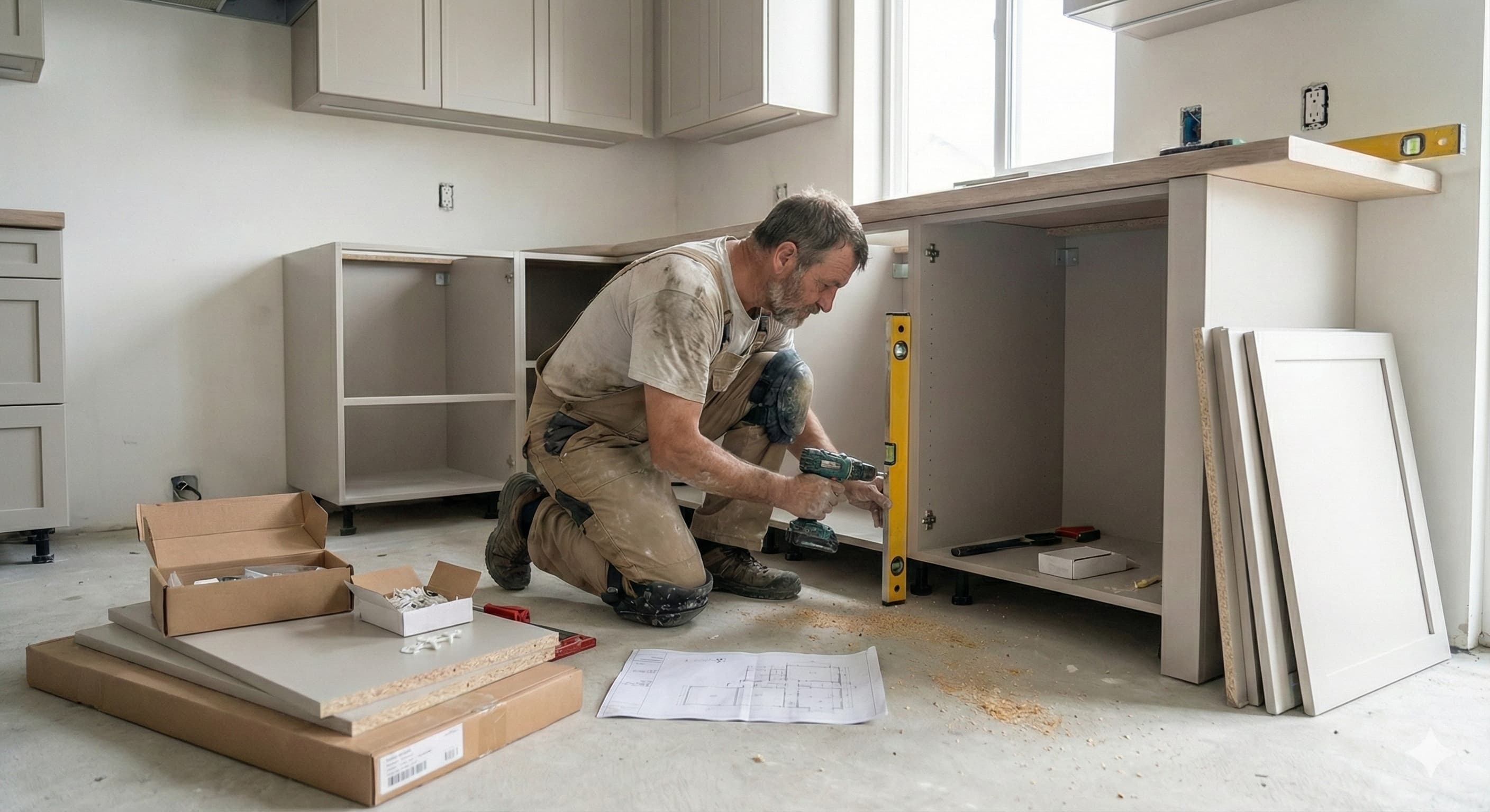 Cuisiniste en train de travailler sur l'installation d'une cuisine à Neuchâtel