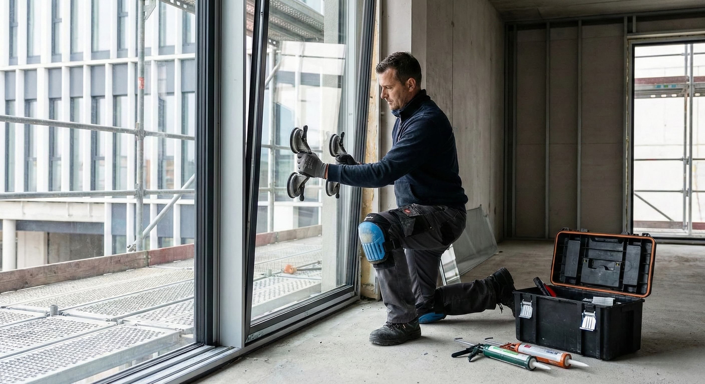 Vitrier en train de travailler sur l'installation de vitrage à Neuchâtel