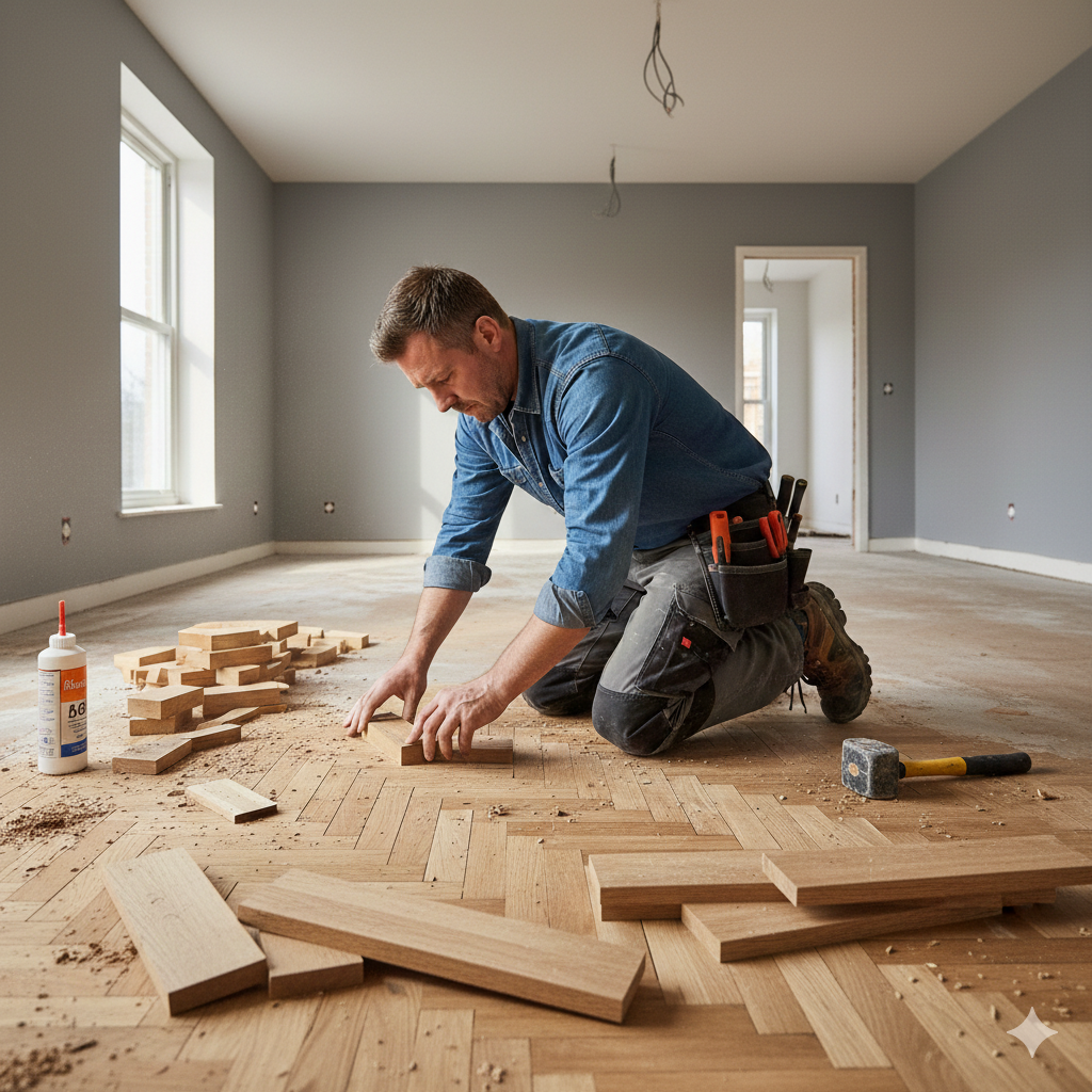 Poseur de sol en train de poser du revêtement de sol à Neuchâtel