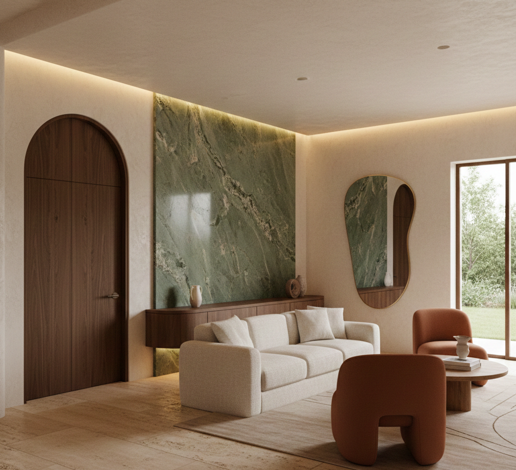 Salon au design minimaliste organique avec une porte en arche en bois sombre, un mur d'accent en marbre vert rétroéclairé par des LED et un mobilier aux formes arrondies dans des tons terracotta et crème.